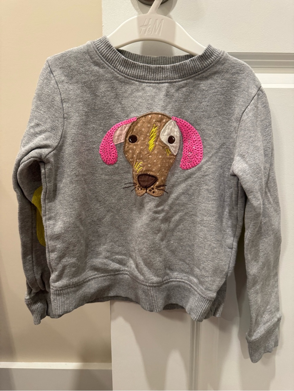Boden Gray Sweatshirt with Pink-Eared Puppy Appliqué